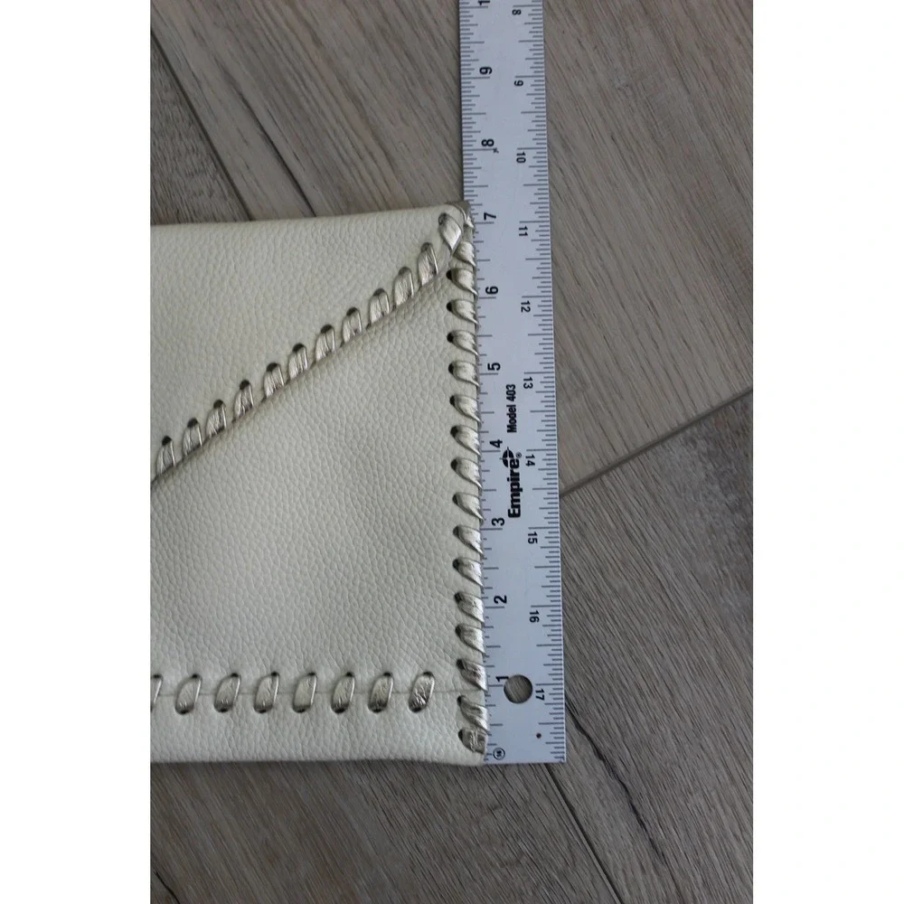 Laggo Cream Pebbled Leather Envelope Clutch Metallic Whipstitch‎ Detail Bag